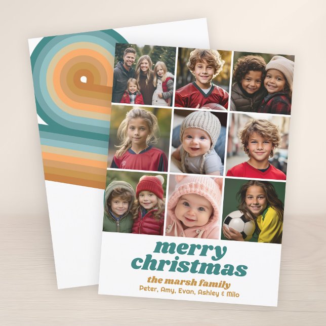 9 Photo Border - Merry Christmas Retro Line Art Holiday Card (Retro Stripe Pattern with 9 Photos - Holiday Christmas Card with 70s vibe - Print or Download)