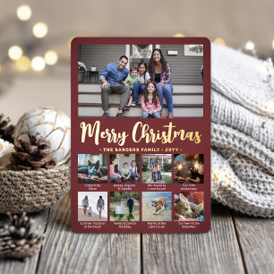 9 Photo Burgundy Merry Christmas Modern Collage Foil Holiday Card