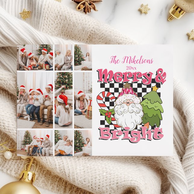 9 Photo Chequered Merry & Bright Christmas Holiday Card (Creator Uploaded)