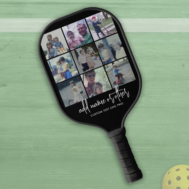 9 Photo Collage - Black - White Trendy Script Pickleball Paddle (Creator Uploaded)