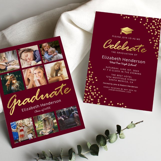 9 Photo Collage Burgundy Gold Graduation Party Invitation (Creator Uploaded)