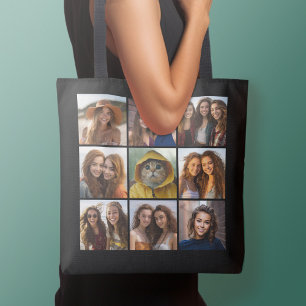 9 Photo Collage Custom Monogram Change Back Colour Tote Bag