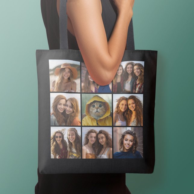 9 Photo Collage Custom Monogram Change Back Colour Tote Bag (Personalized tote bag - add your name or other text)