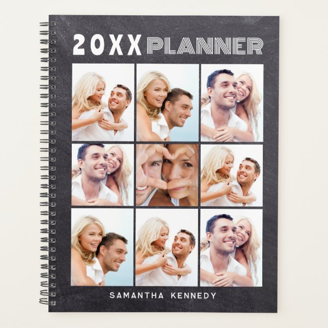 9 Photo Collage Custom Name Chalkboard  Planner (Front)