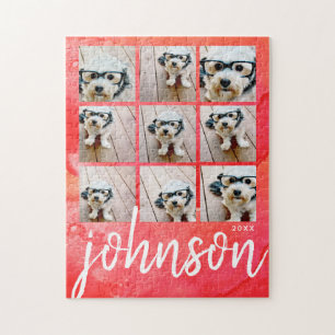 9 Photo Collage - Merry Christmas red Watercolor Jigsaw Puzzle