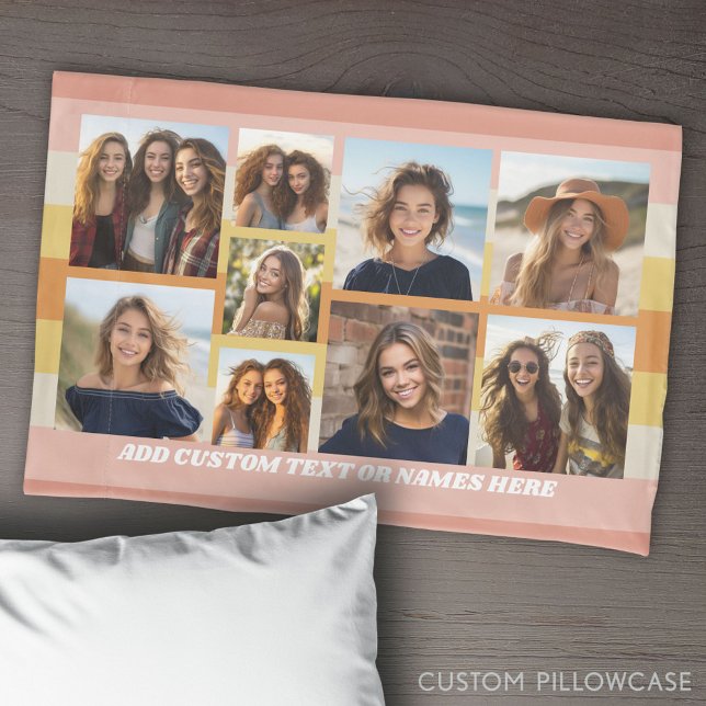 9 Photo Collage Minimalist - Gold Coral Stripes Pillowcase (Create Your Own Photo Collage Pillowcase)