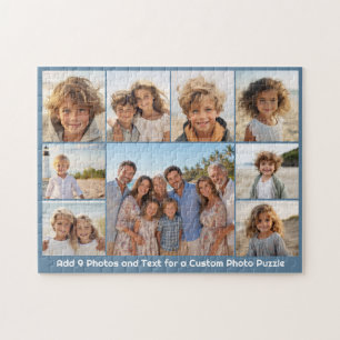 9 Photo Collage Optional Text -- Blue White Jigsaw Puzzle