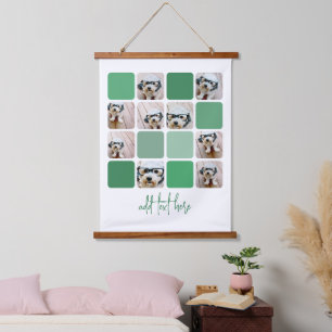 9 Photo Collage - Soft Green Colours - Script Text Hanging Tapestry