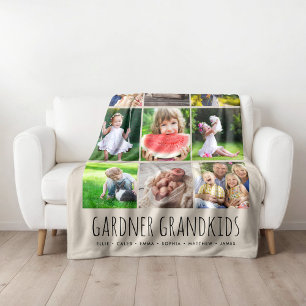 9 Photo Collage with Custom Grandkids Names   Grey Fleece Blanket