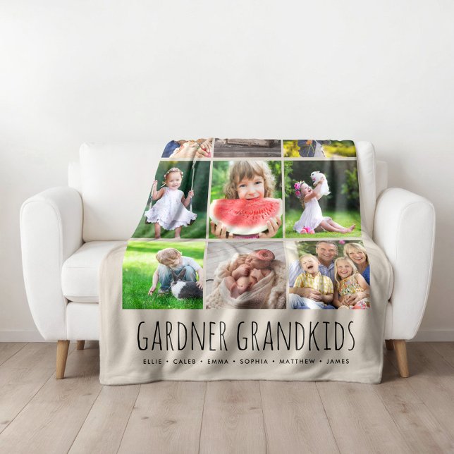 9 Photo Collage with Custom Grandkids Names | Grey Fleece Blanket (Creator Uploaded)