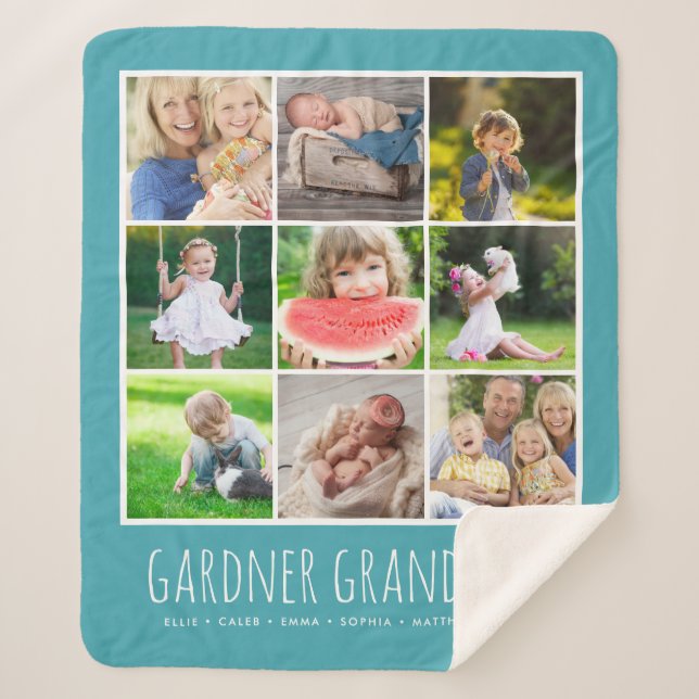 9 Photo Collage with Grandkids Names | Turquoise Sherpa Blanket (Front)