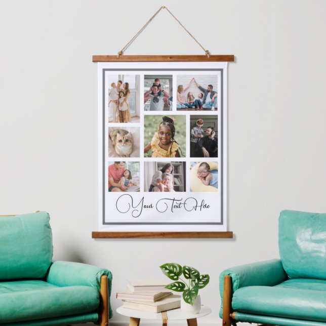 9 Photo Collage with Script Text and Grey frame Hanging Tapestry (Living Room)