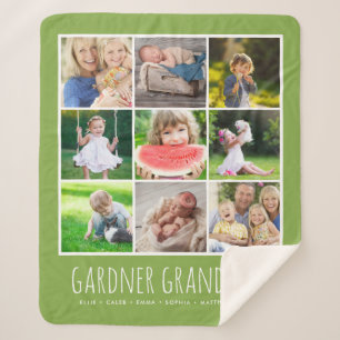 9 Photo Collage with Your Grandkids Names   Green Sherpa Blanket