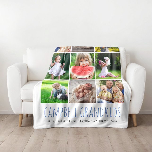 9 Photo Collage with Your Grandkids Names | White Fleece Blanket (Creator Uploaded)