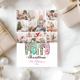 9 Photo Colorful Retro Merry Christmas Holiday Card