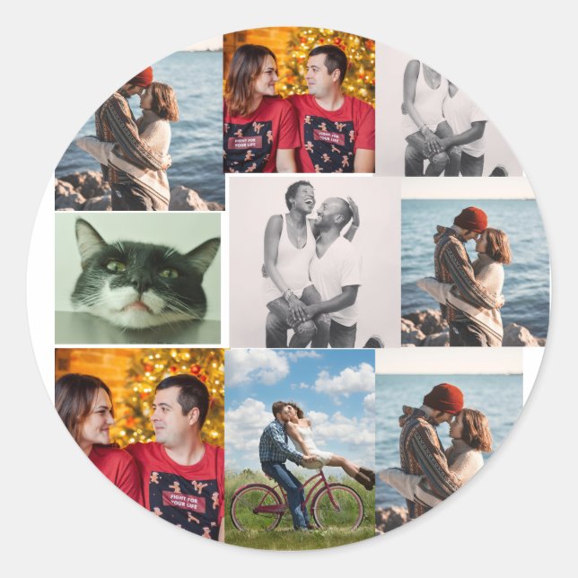 9 Photo Custom Personalised Collage Classic Round Sticker (Front)