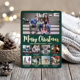 9 Photo Dark Green Merry Christmas Modern Collage Foil Holiday Card