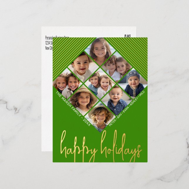 9 Photo Diamond Pattern Happy Holidays Green Gold Foil Holiday Postcard (Front/Back)