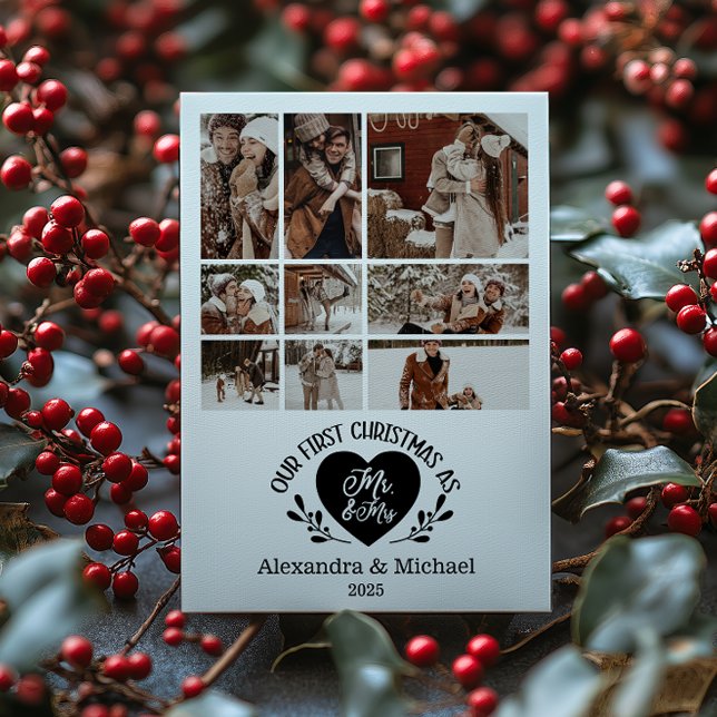 9 Photo Heart First Christmas as Mr & Mrs Holiday Card (Creator Uploaded)