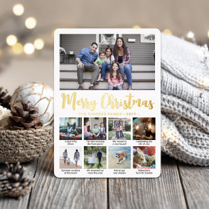 9 Photo Merry Christmas Modern Script Calligraphy Foil Holiday Card
