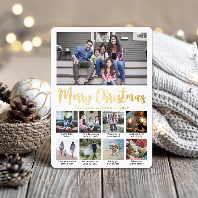 9 Photo Merry Christmas Modern Script Calligraphy Foil Holiday Card (Creator Uploaded)