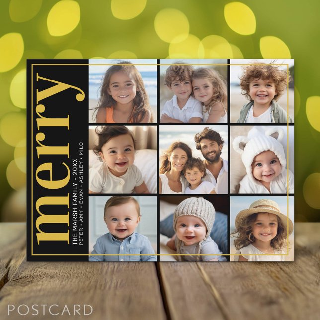9 Photo Offset - Bold Merry - Black and Gold - Holiday Postcard (Holiday Photo Postcard)