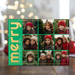 9 Photo Offset - Bold Merry - Green and Gold - Foil Holiday Postcard