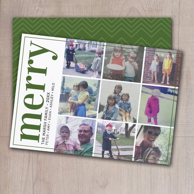 9 Photo Offset - Bold Merry - Olive Green -  Holiday Card (Creator Uploaded)