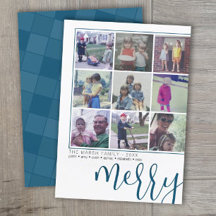 9 Photo Offset - Bold Script Merry - Dark Blue Holiday Card