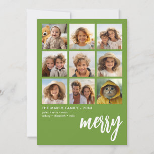 9 Photo Offset - Bold Script Merry - Green Holiday Card