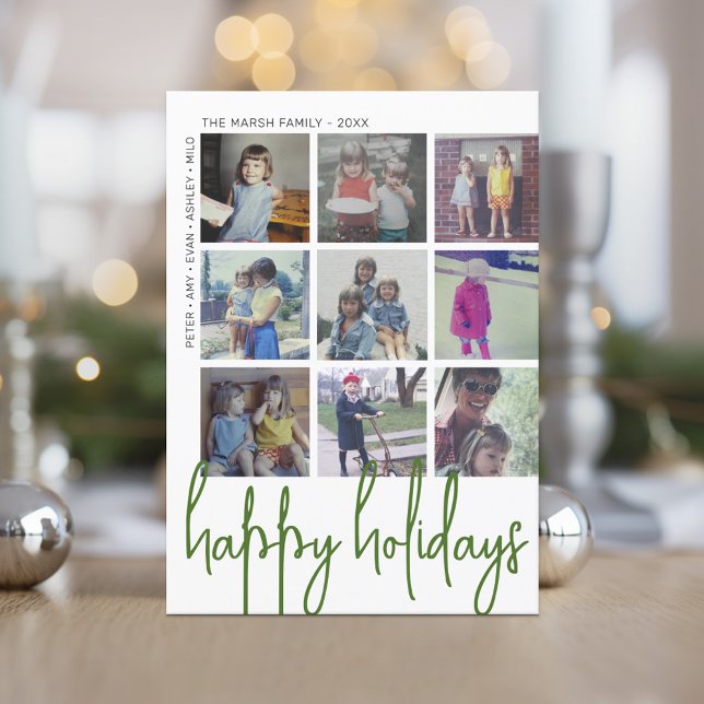 9 Photo Offset - Happy Holidays Large Script Green Holiday Card (9 Photo - Happy Holiday Greeting Card)