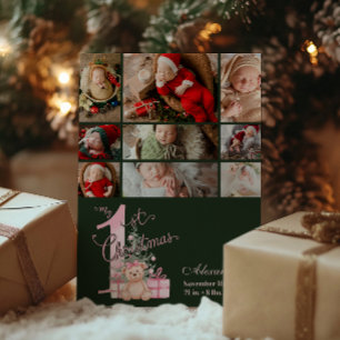 9 Photo  Pink Green Baby First Christmas Holiday Card