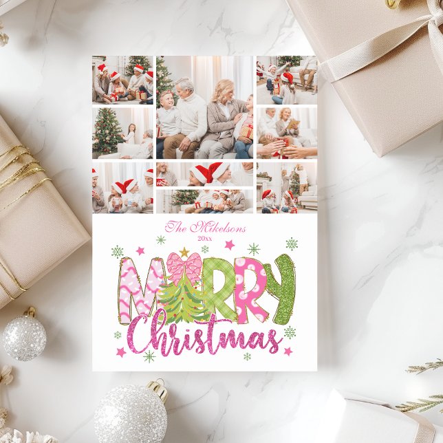 9 Photo Pink Green Bow Tree Merry Christmas Holiday Card (Creator Uploaded)