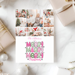 9 Photo Pink Green Merry Christmas Holiday Card