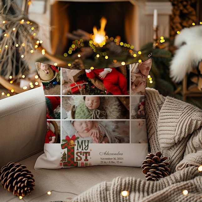 9 Photo Plaid First Christmas Cushion (Creator Uploaded)