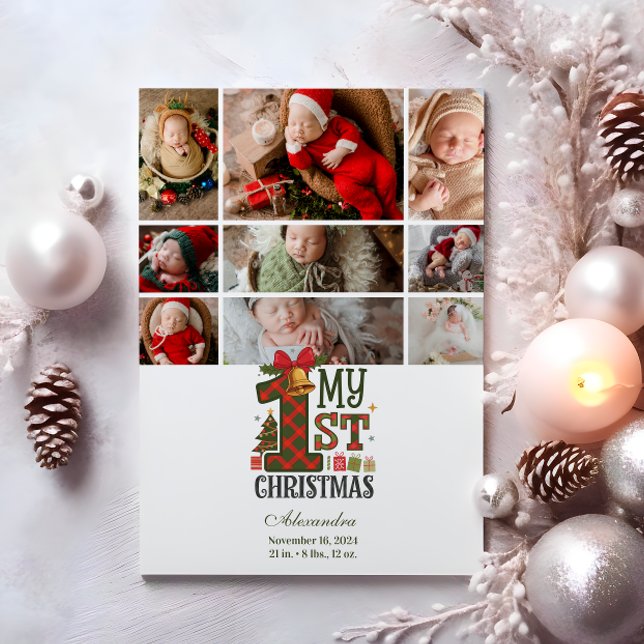 9 Photo Plaid First Christmas Holiday Card (Creator Uploaded)