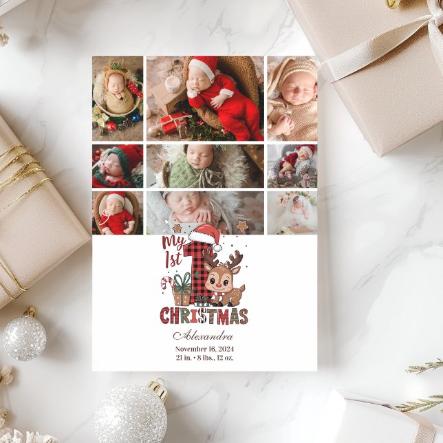 9 Photo Plaid Reindeer First Christmas Holiday Card (Creator Uploaded)