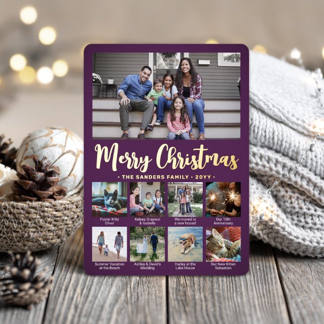 9 Photo Purple Merry Christmas Modern Collage Foil Holiday Card (Creator Uploaded)