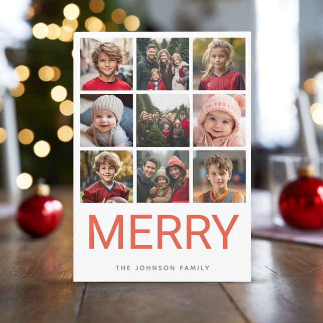 9 Photo Red Merry Modern Christmas Watercolor Holiday Card (Add 9 Photos to this modern, minimal online Christmas Card. Watercolor back design)
