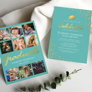 9 Photo Teal Gold 2025 Graduation Party Invitation