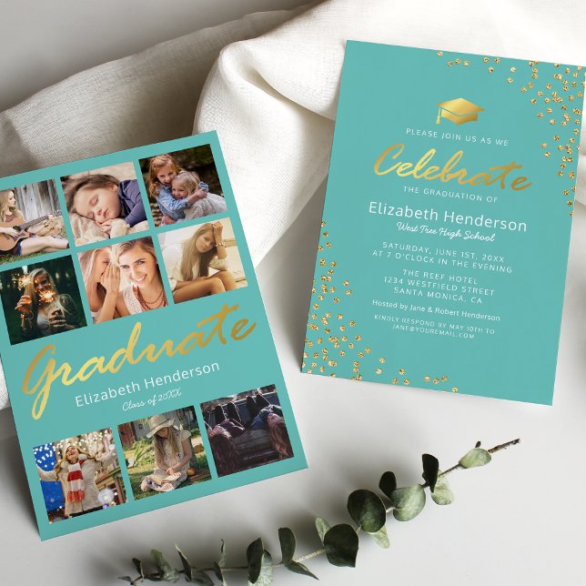 9 Photo Teal Gold 2025 Graduation Party Invitation (Creator Uploaded)