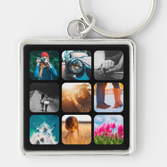 9 Photo Template Grid Rounded Black Frame Key Ring (Front)