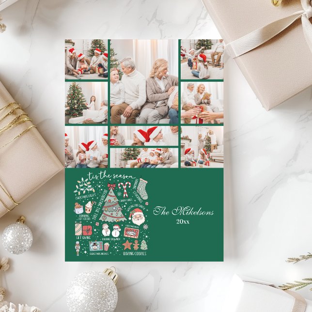 9 Photo Tis The Season Retro Green Christmas Holiday Card (Creator Uploaded)