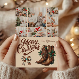 9 Photo Western Bow & Boots Christmas Holiday Card