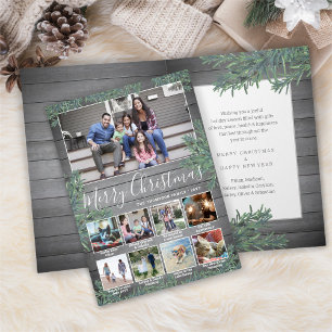 9 Photos & Captions Christmas Greenery & Grey Wood Holiday Card