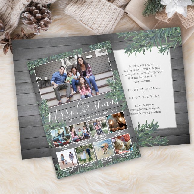 9 Photos & Captions Christmas Greenery & Grey Wood Holiday Card (Creator Uploaded)