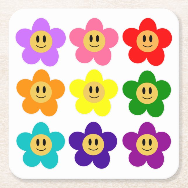 9 Rainbow Pride Colour Flowers LGBT Square Paper Coaster (Front)