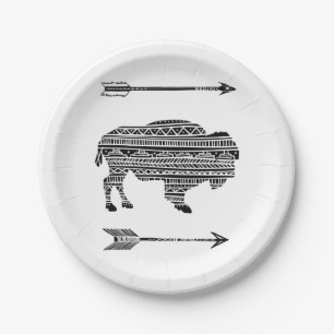 9" Round Paper Plate Boho Buffalo Tribal Pattern B
