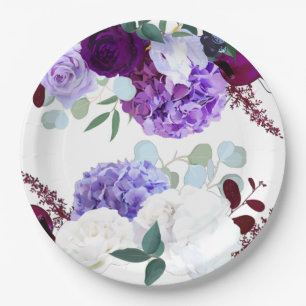 9" Round Paper Plate Lavender Hibiscus on White