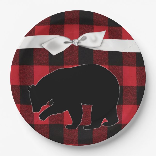 9" Round Paper Plate Red Plaid Black Bear (Front)